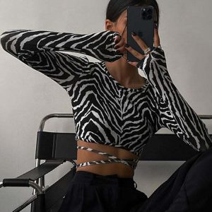 Y2K Grunge Backless Long Sleeve Zebra Crop Top - 90s Retro Summer Party Outfit