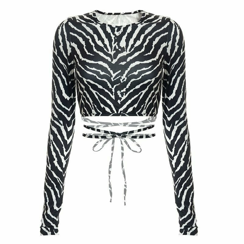 Y2K Grunge Backless Long Sleeve Zebra Crop Top - 90s Retro Summer Party Outfit