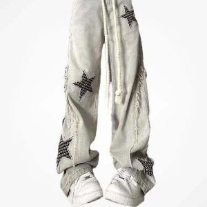 Y2K Grunge Baggy Star Denim Jeans - Retro 90s Fashion, Summer Y2K Outfits, Hip