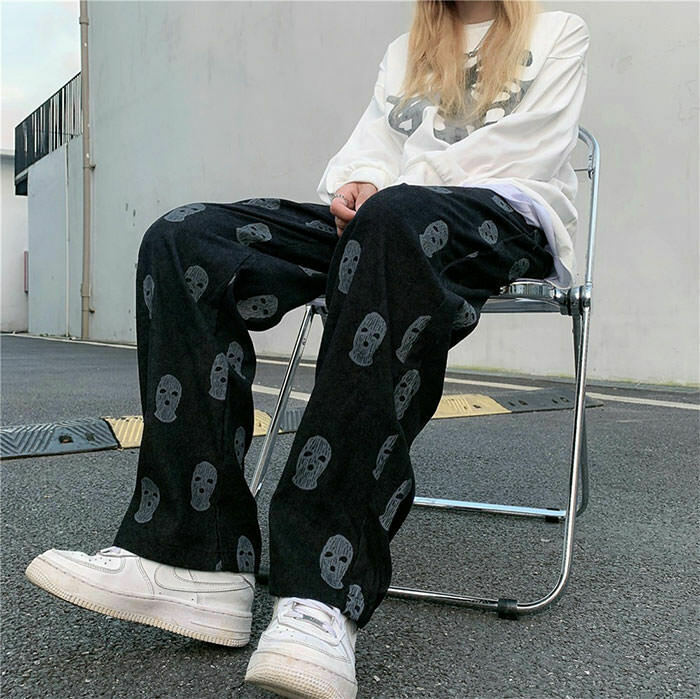 Y2K Grunge Balaclava Print Wide Leg Pants - Retro 90s Fashion, Summer Y2K Outfits