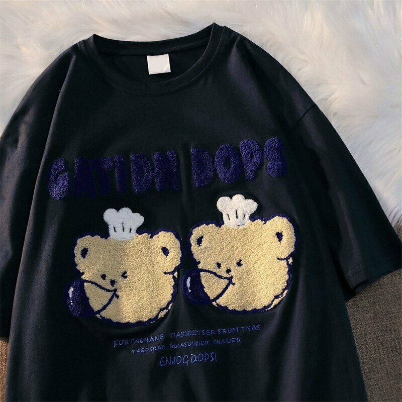 Y2K Grunge Bear Embroidered Kawaii Summer T-Shirt - 90s Retro Pastel Goth Y2K