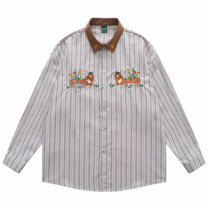 Y2K Grunge Bear Embroidery Striped Shirt - Retro 90s Summer Outfit, Pastel Goth Top