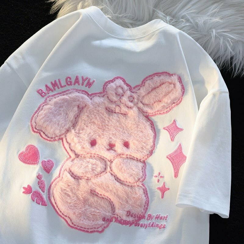 Y2K Grunge Bear Plush Embroidered T-Shirt - Retro 90s Summer Outfit, Pastel Goth Style