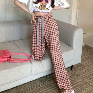 Y2K Grunge Black and Pink Plaid Pants - Retro 90s Fashion, Summer Y2K Outfits