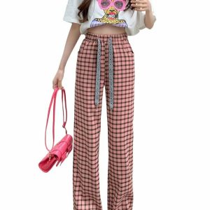 Y2K Grunge Black and Pink Plaid Pants - Retro 90s Fashion, Summer Y2K Outfits