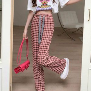 Y2K Grunge Black and Pink Plaid Pants - Retro 90s Fashion, Summer Y2K Outfits