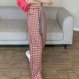 Y2K Grunge Black and Pink Plaid Pants - Retro 90s Fashion, Summer Y2K Outfits