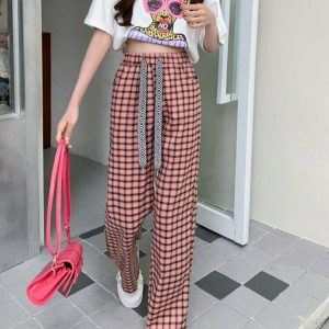 Y2K Grunge Black and Pink Plaid Pants - Retro 90s Fashion, Summer Y2K Outfits