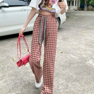 Y2K Grunge Black and Pink Plaid Pants - Retro 90s Fashion, Summer Y2K Outfits