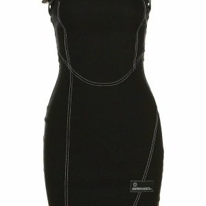 Y2K Grunge Black Bodycon Dress - Retro 90s Fashion, Gothic Y2K Party Outfit