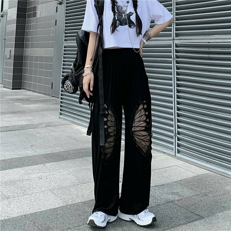 Y2K Grunge Black Butterfly Loose Pants - Retro 90s Fashion, Summer Y2K Outfits