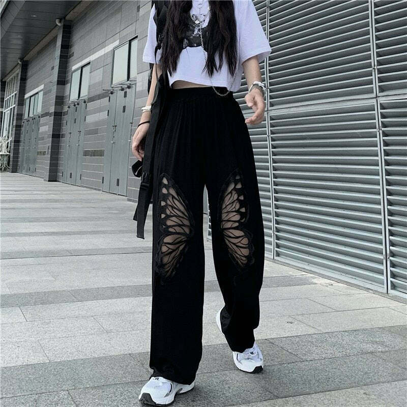 Y2K Grunge Black Butterfly Loose Pants - Retro 90s Fashion, Summer Y2K Outfits