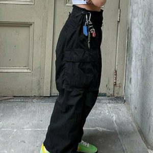 Y2K Grunge Black Cargo Baggy Pants - Retro 90s Fashion, Summer Y2K Outfits, Hip