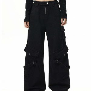 Y2K Grunge Black Cargo Jeans - Retro 90s Fashion, Y2K Summer Outfits, Gothic Y2