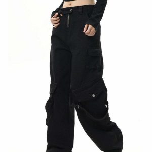 Y2K Grunge Black Cargo Jeans - Retro 90s Fashion, Y2K Summer Outfits, Gothic Y2