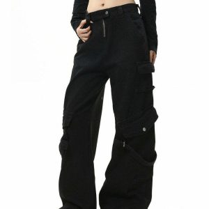 Y2K Grunge Black Cargo Jeans - Retro 90s Fashion, Y2K Summer Outfits, Gothic Y2