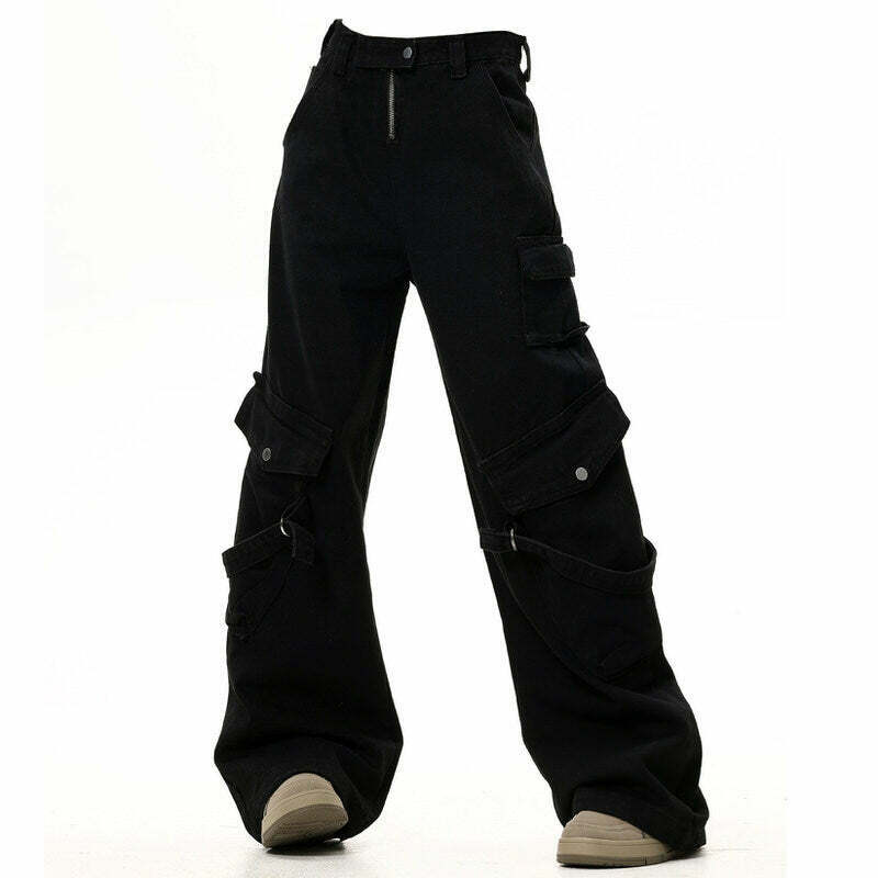 Y2K Grunge Black Cargo Jeans - Retro 90s Fashion, Y2K Summer Outfits, Gothic Y2