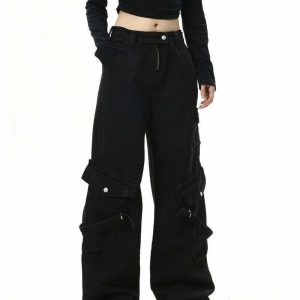 Y2K Grunge Black Cargo Jeans - Retro 90s Fashion, Y2K Summer Outfits, Gothic Y2