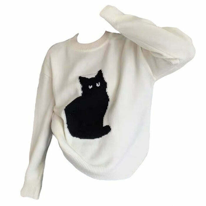 Y2K Grunge Black Cat Aesthetic Sweater - Retro 90s Fashion, Y2K Summer & Party Out