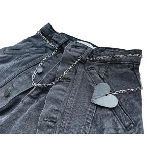 Y2K Grunge Black Chain Denim Shorts - 90s Retro Summer Outfit, Y2K Party & Club Fashion