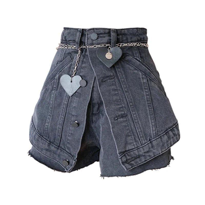 Y2K Grunge Black Chain Denim Shorts - 90s Retro Summer Outfit, Y2K Party & Club Fashion