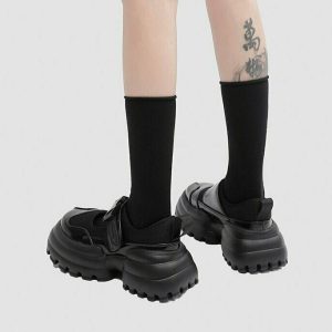 Y2K Grunge Black Chunky Geometric Sneakers - Retro 90s Hip Hop Fashion, Gothic Y2K Style