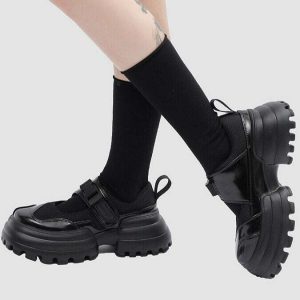 Y2K Grunge Black Chunky Geometric Sneakers - Retro 90s Hip Hop Fashion, Gothic Y2K Style