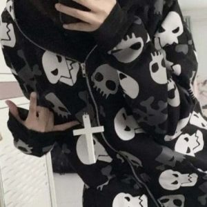 Y2K Grunge Black Emo Skull Hoodie - Retro 90s Fashion, Gothic Y2K, Summer Y2K