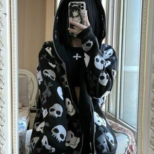 Y2K Grunge Black Emo Skull Hoodie - Retro 90s Fashion, Gothic Y2K, Summer Y2K