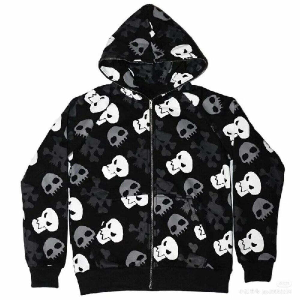 Y2K Grunge Black Emo Skull Hoodie - Retro 90s Fashion, Gothic Y2K, Summer Y2K