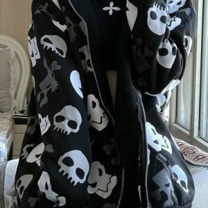 Y2K Grunge Black Emo Skull Hoodie - Retro 90s Fashion, Gothic Y2K, Summer Y2K