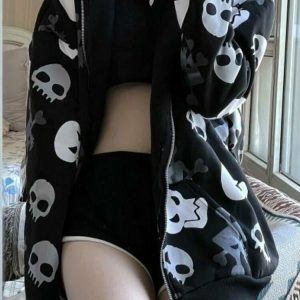 Y2K Grunge Black Emo Skull Hoodie - Retro 90s Fashion, Gothic Y2K, Summer Y2K