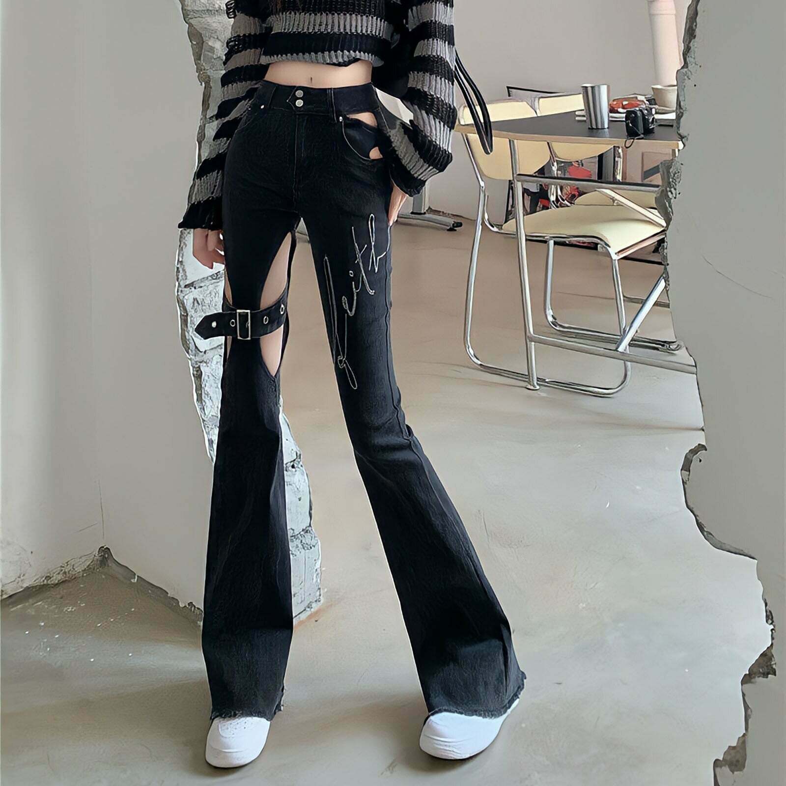 Y2K Grunge Black Flare Wide Leg Jeans - Retro 90s Fashion, Summer Y2K Outfits