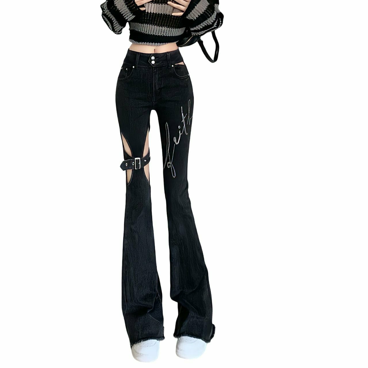 Y2K Grunge Black Flare Wide Leg Jeans - Retro 90s Fashion, Summer Y2K Outfits