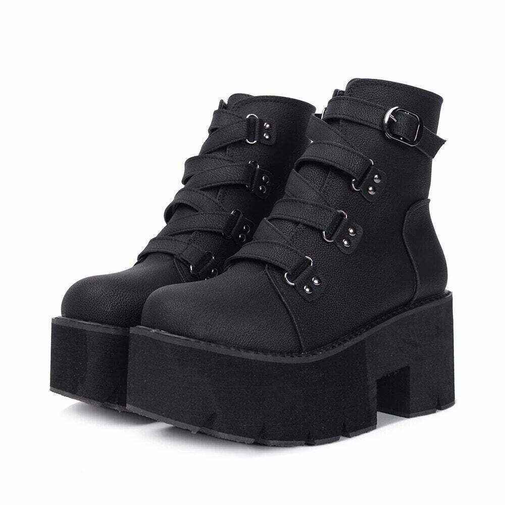 Y2K Grunge Black Gothic Chunky Boots - Retro 90s Fashion, Summer & Party Outfits