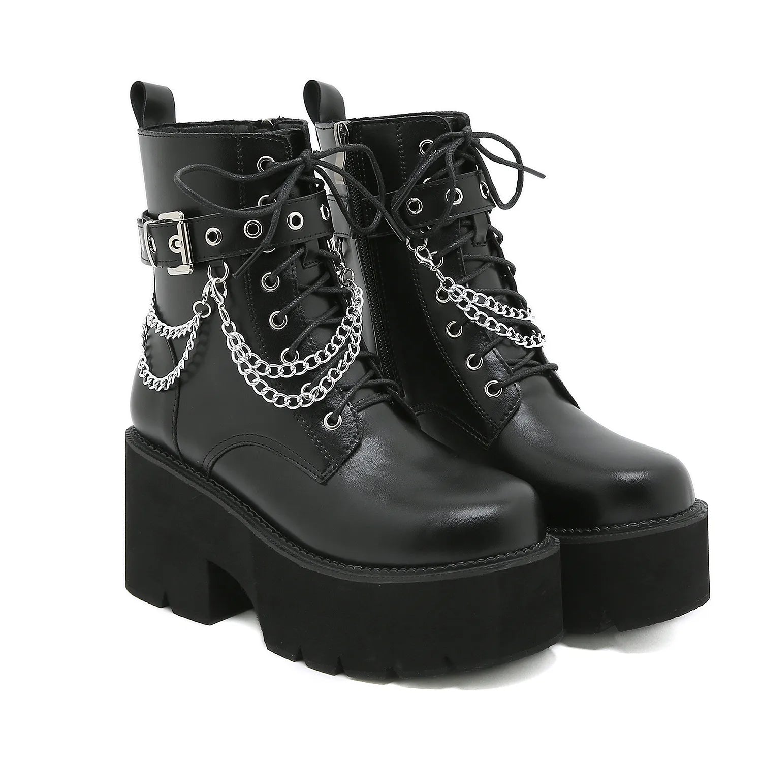 Y2K Grunge Black Gothic Platform Combat Boots - Retro 90s Fashion, Y2K Summer Outfits