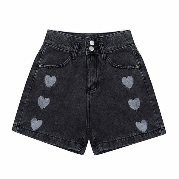 Y2K Grunge Black Hearts Shorts - Retro 90s Fashion, Summer Y2K Outfits, Gothic Y2