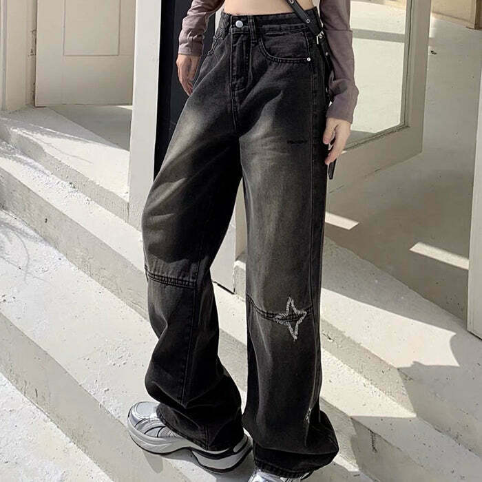 Y2K Grunge Black Jeans - Retro 90s Fashion, Summer Y2K Outfits, Gothic Y2K