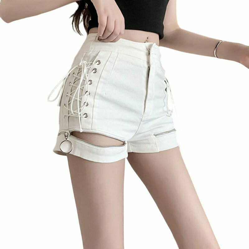 Y2K Grunge Black Lace-Up Denim Shorts - Retro 90s Fashion, Summer Y2K Outfits