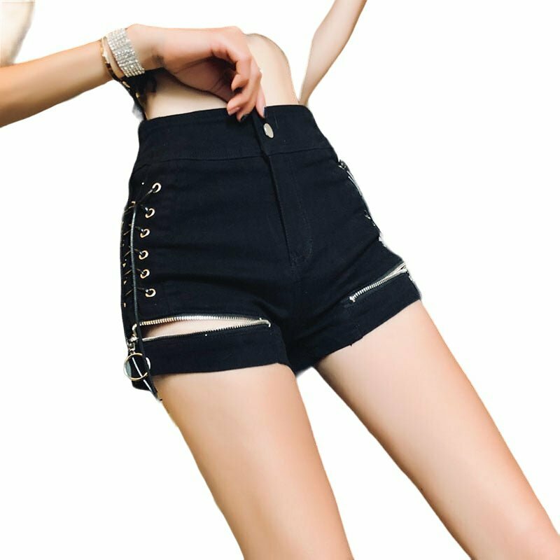 Y2K Grunge Black Lace-Up Denim Shorts - Retro 90s Fashion, Summer Y2K Outfits