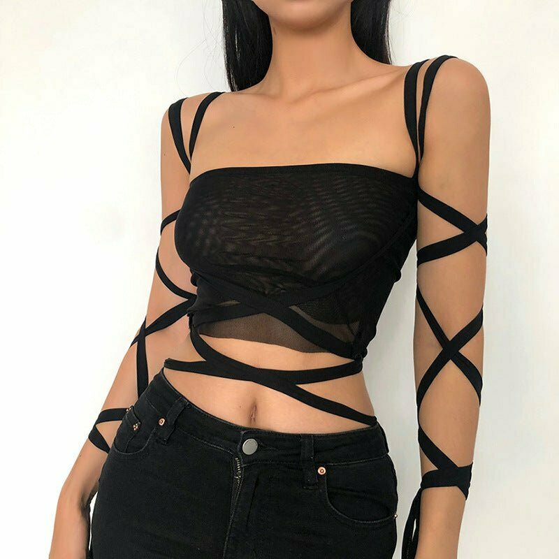 Y2K Grunge Black Mesh Crop Top - Retro 90s Fashion, Summer Y2K Outfits, Gothic Style