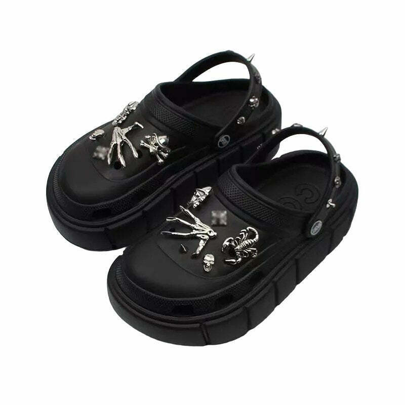 Y2K Grunge Black Platform Slippers - Retro 90s Fashion, Summer Y2K Outfits