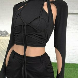 Y2K Grunge Black Punk Tassel Top - Retro 90s Fashion, Summer Y2K Outfits, Gothic