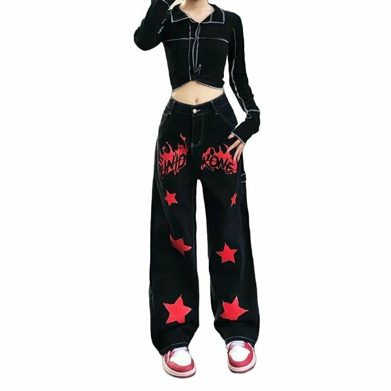 Y2K Grunge Black Red Star Jeans - Retro 90s Fashion, Summer Outfits, and Party Looks