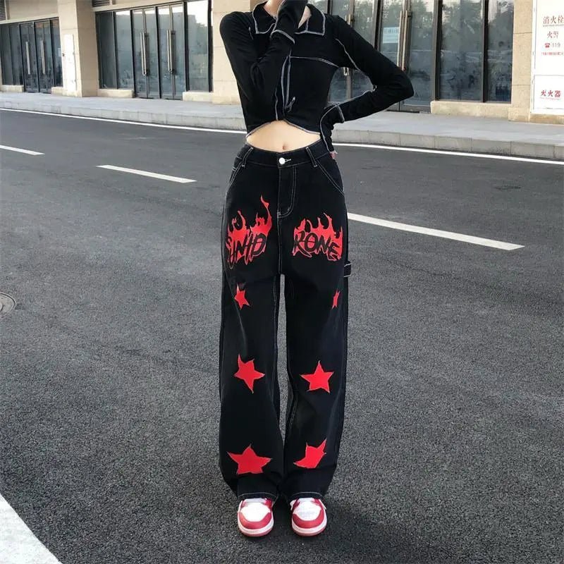 Y2K Grunge Black Red Star Jeans - Retro 90s Fashion, Summer Outfits, and Party Looks