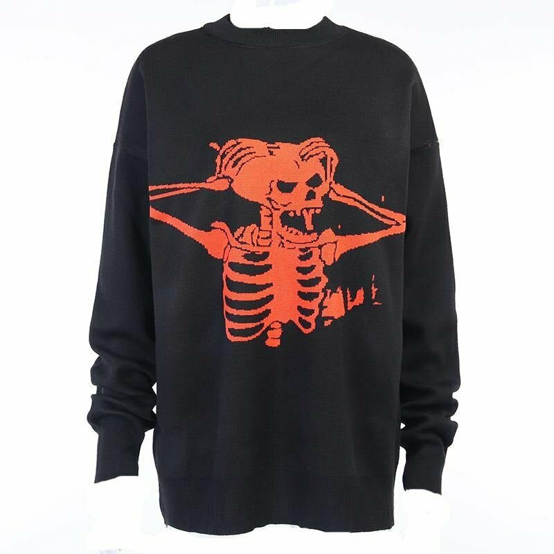 Y2K Grunge Black Skeleton Print Sweater - Retro 90s Fashion, Gothic Y2K, Summer Outfits