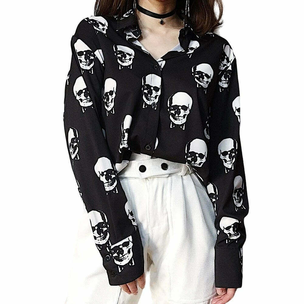 Y2K Grunge Black Skull Blouse - Retro 90s Fashion, Summer Outfits, and Gothic Style