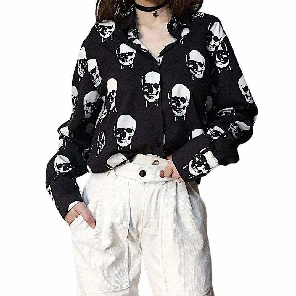 Y2K Grunge Black Skull Blouse - Retro 90s Fashion, Summer Outfits, and Gothic Style