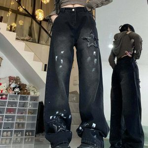 Y2K Grunge Black Star Jeans - Retro 90s Fashion, Summer Y2K Outfits, Gothic Vibes