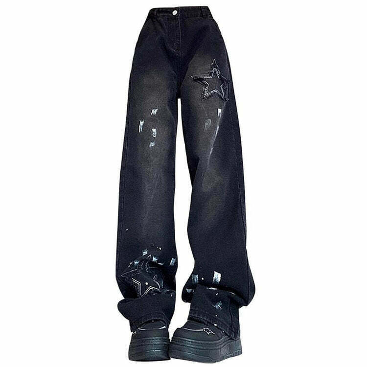 Y2K Grunge Black Star Jeans - Retro 90s Fashion, Summer Y2K Outfits, Gothic Vibes